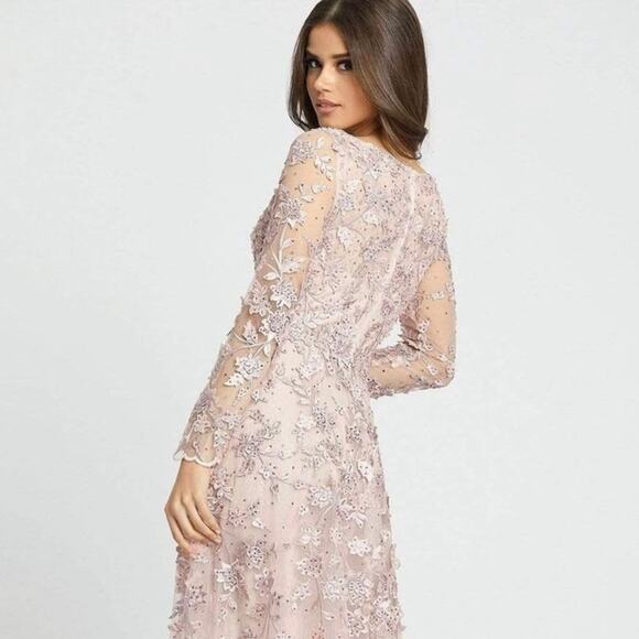 Mac Duggal Pink Floral Applique Illusion Long Sleeve Gown 70224 Sz 4 NWT - Picture 4 of 10